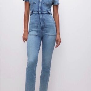 Good American REVOLVE Lifht Blue Denim Short-Sleeve Jumpsuit Size 1